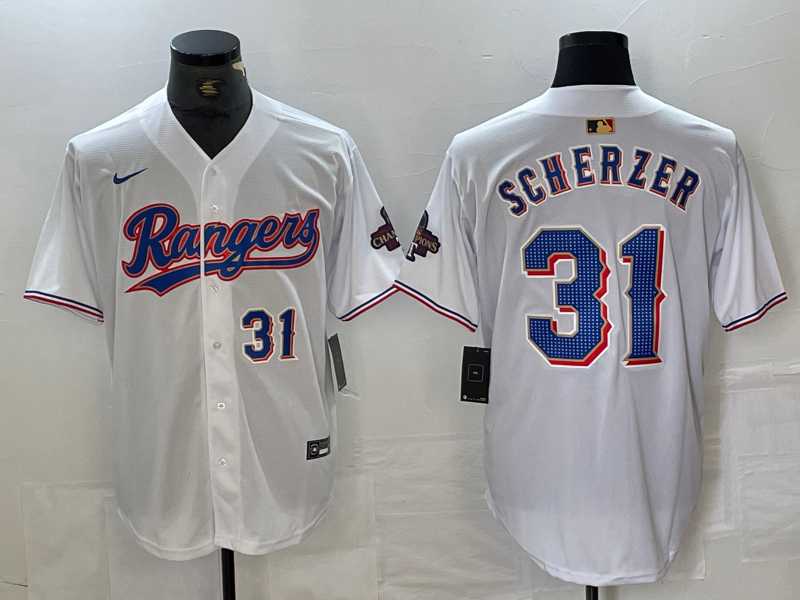 Mens Texas Rangers #31 Max Scherzer Number White 2023 World Series Champions Cool Base Jerseys